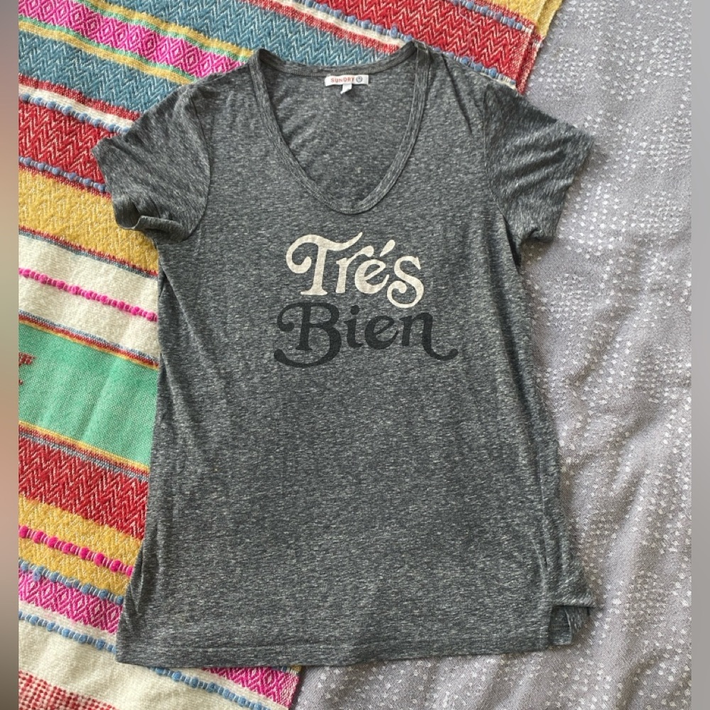 Sundry V-Neck T-Shirt with 'Très Bien' Print size XS 0